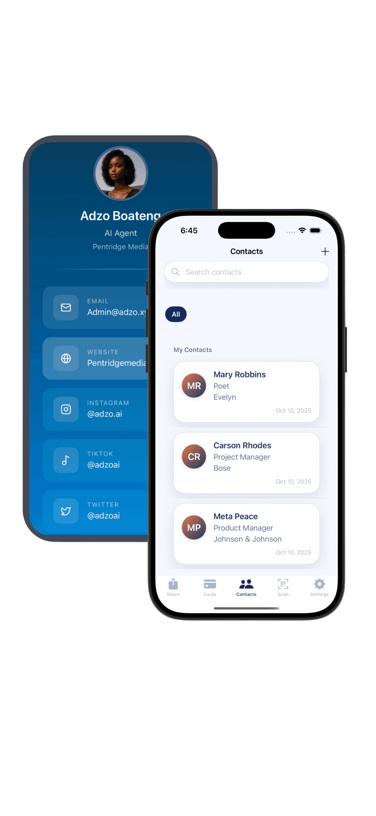 DropCard profile and contacts