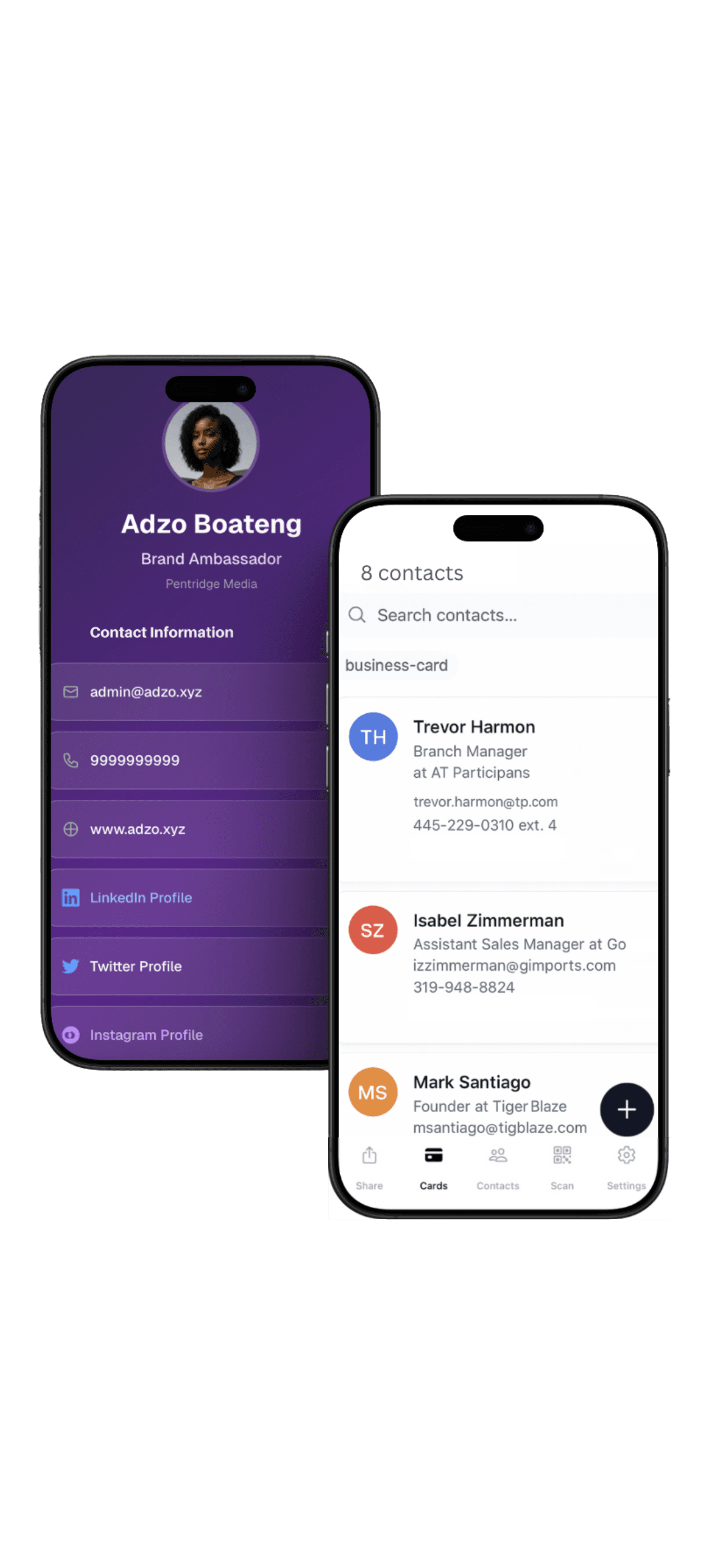 DropCard profile and contacts